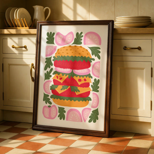 Burger Kitchen Wall Art Print, Colourful Food Poster, Retro Illustration, Restaurant Decor