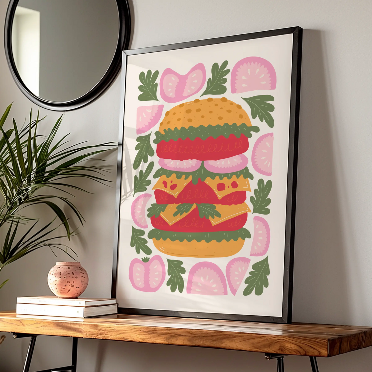 Burger Kitchen Wall Art Print, Colourful Food Poster, Retro Illustration, Restaurant Decor