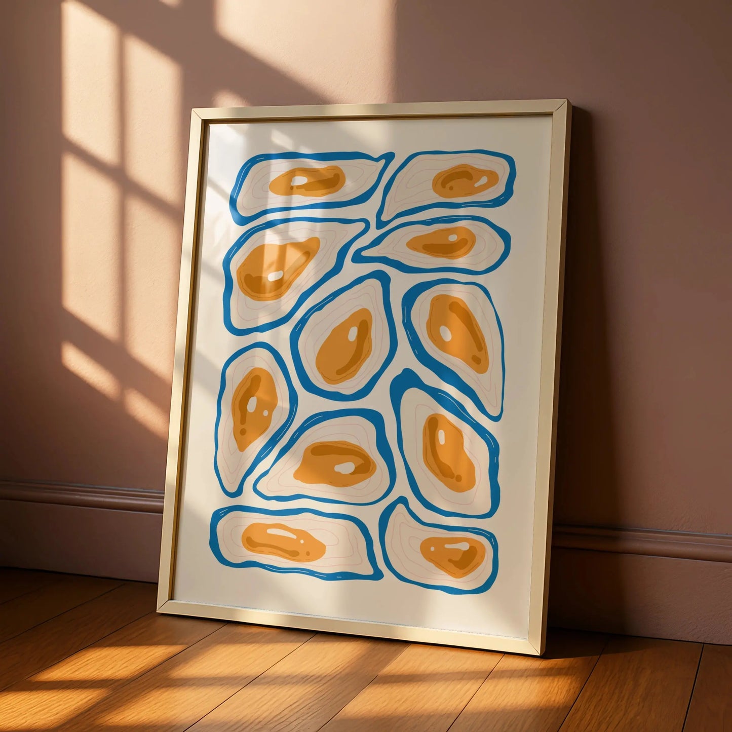 Oyster Kitchen Print, Blue Orange Seafood Wall Art, Coastal Food Poster, Modern Kitchen Decor