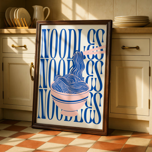 Noodles Kitchen Print, Ramen Bowl Wall Art, Pink Blue Food Poster, Fun Kitchen Decor
