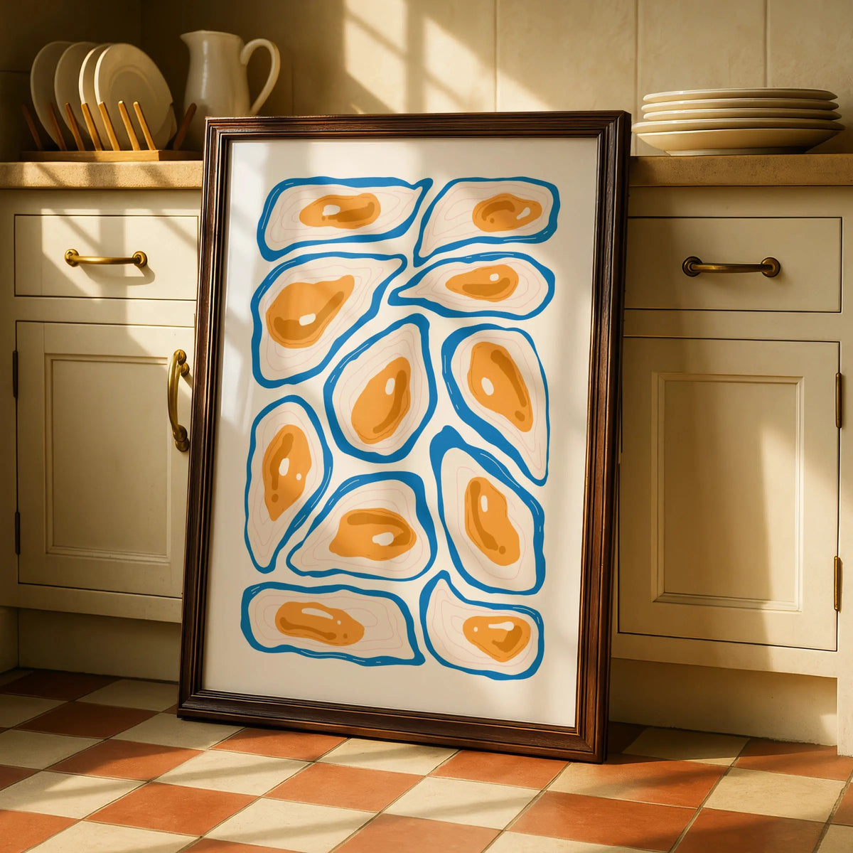 Oyster Kitchen Print, Blue Orange Seafood Wall Art, Coastal Food Poster, Modern Kitchen Decor