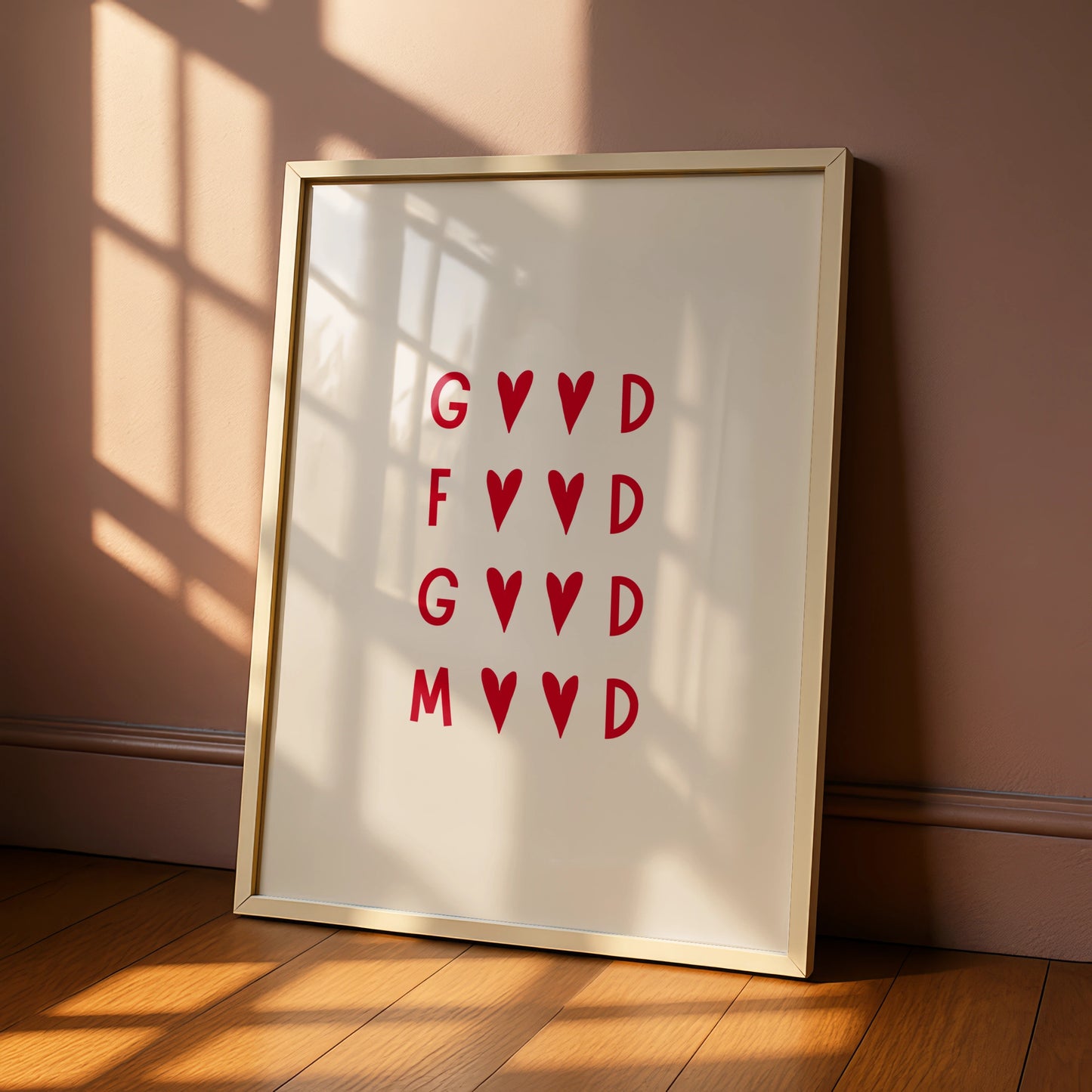 Good Food Good Mood Kitchen Print, Red Heart Typography Poster, Dining Room Wall Art