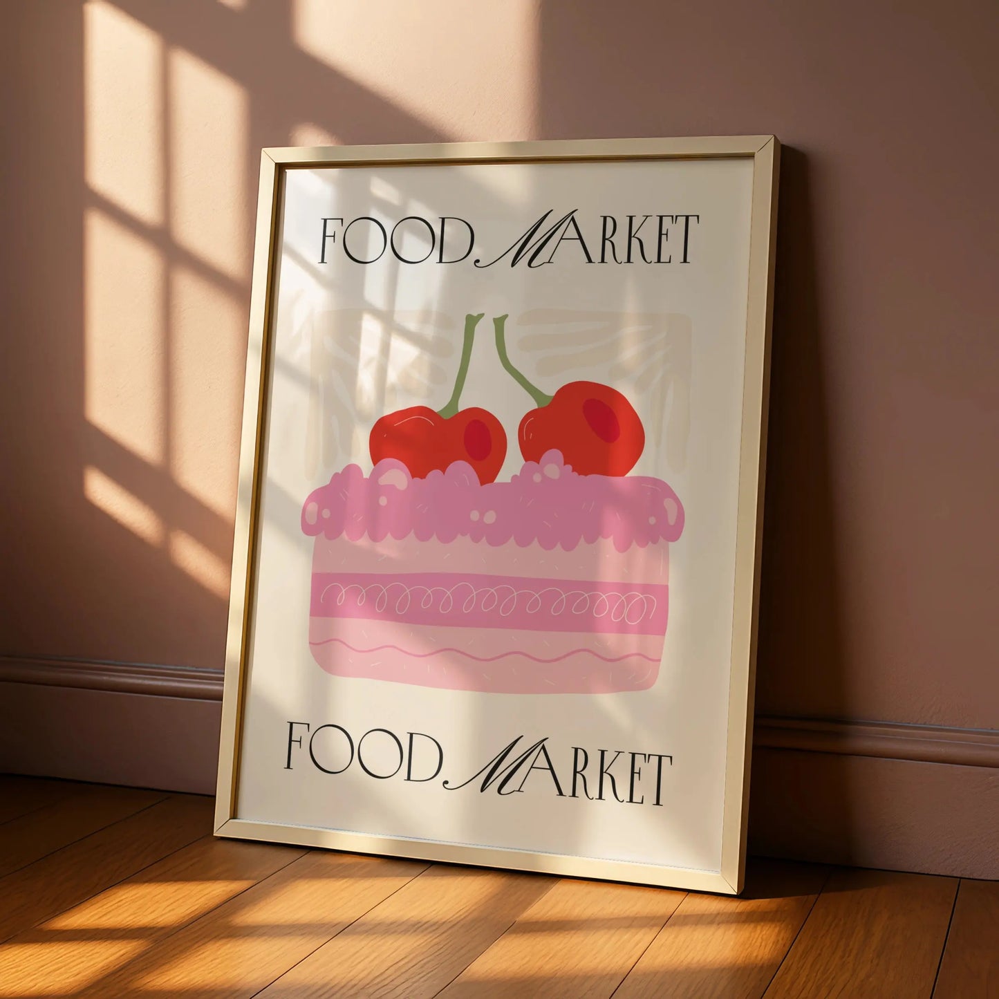 Food Market Kitchen Poster, Cherry Cake Wall Art, Pink Bakery Print, Retro Kitchen Decor