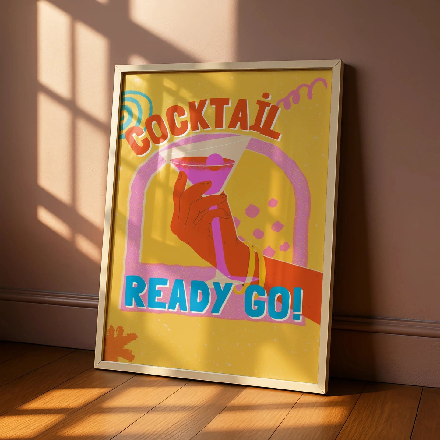 Cocktail Ready Go Kitchen Bar Cart Wall Art, Retro Drinks Poster, Colourful Fun Print