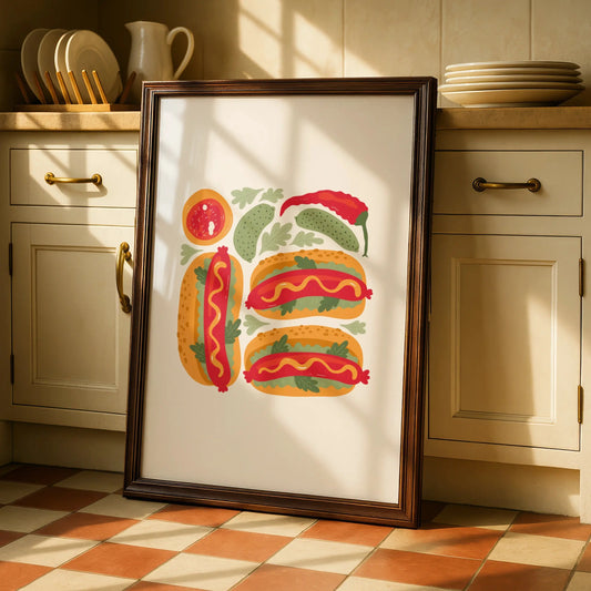 Hot Dog Kitchen Wall Art, Food Poster Print, Colourful Retro Kitchen Decor, Fun Foodie Gift