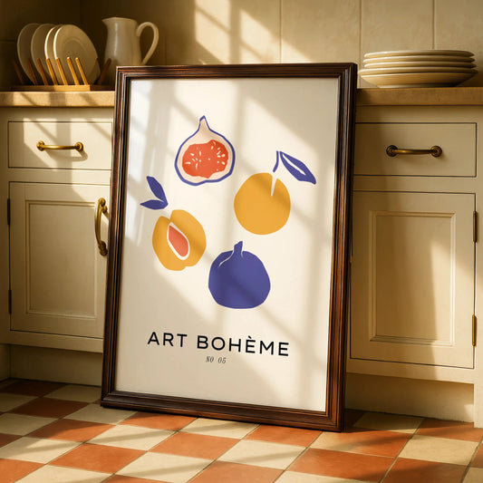 Kitchen Fruit Wall Art, Art Boheme Fig Poster, Boho Kitchen Print, Colourful Retro Fruit Decor