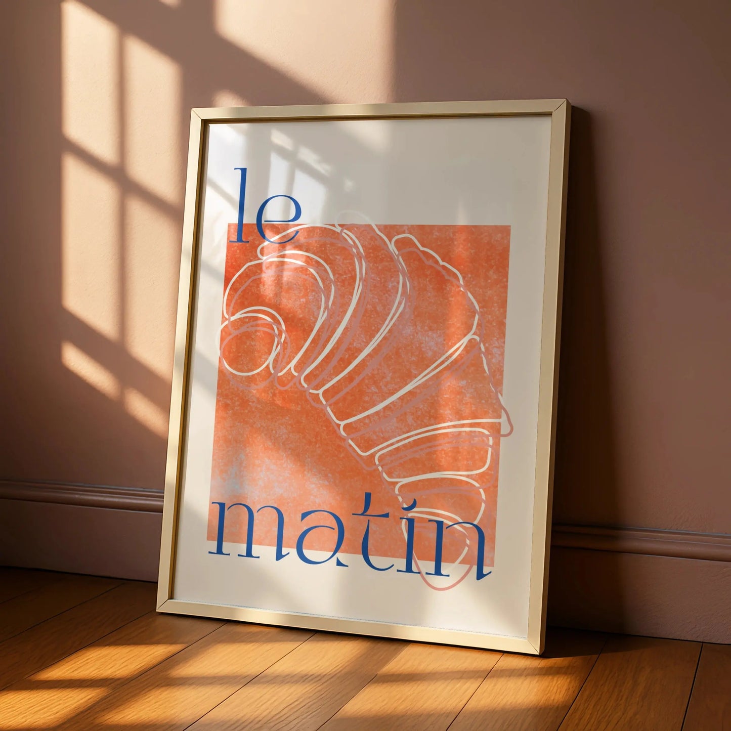 French Croissant Kitchen Print, Le Matin Poster, Orange Blue Breakfast Wall Art