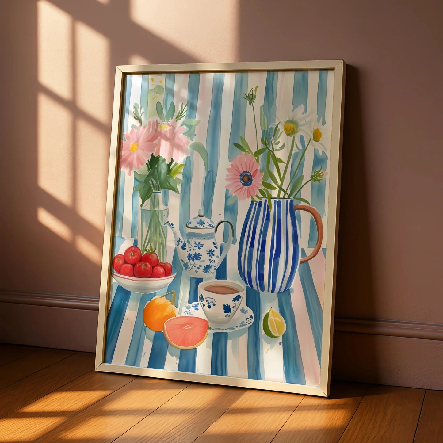 Kitchen Still Life Print, Floral Tea Pot Wall Art, Blue Stripe Watercolour Poster