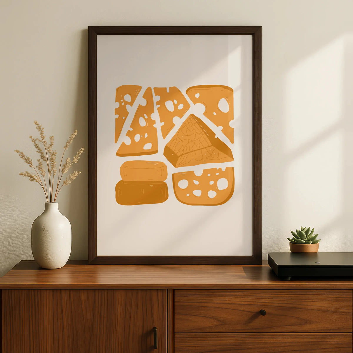 Cheese Kitchen Wall Art Print, Food Poster, Illustrated Cheese Board, Yellow Kitchen Decor
