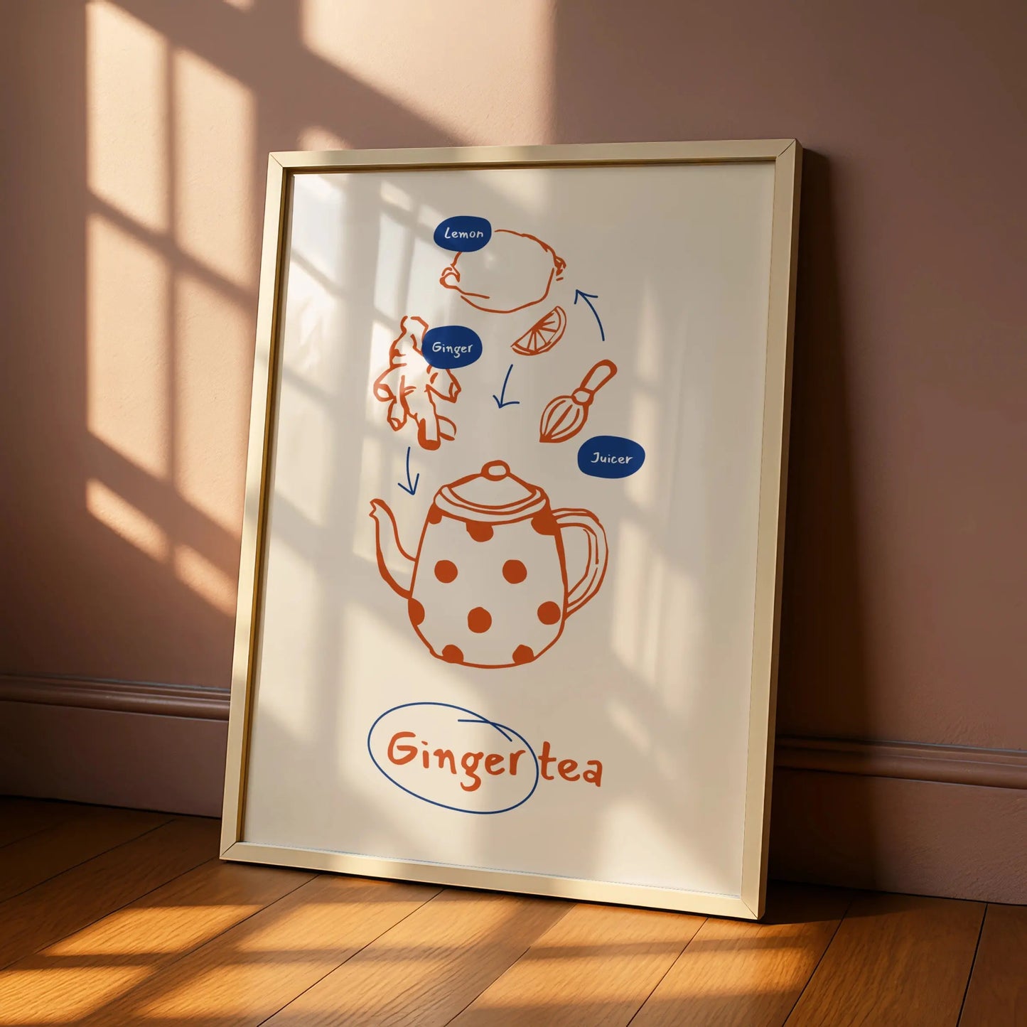 Ginger Tea Kitchen Print, Tea Lover Wall Art, Illustrated Recipe Poster, Cafe Decor