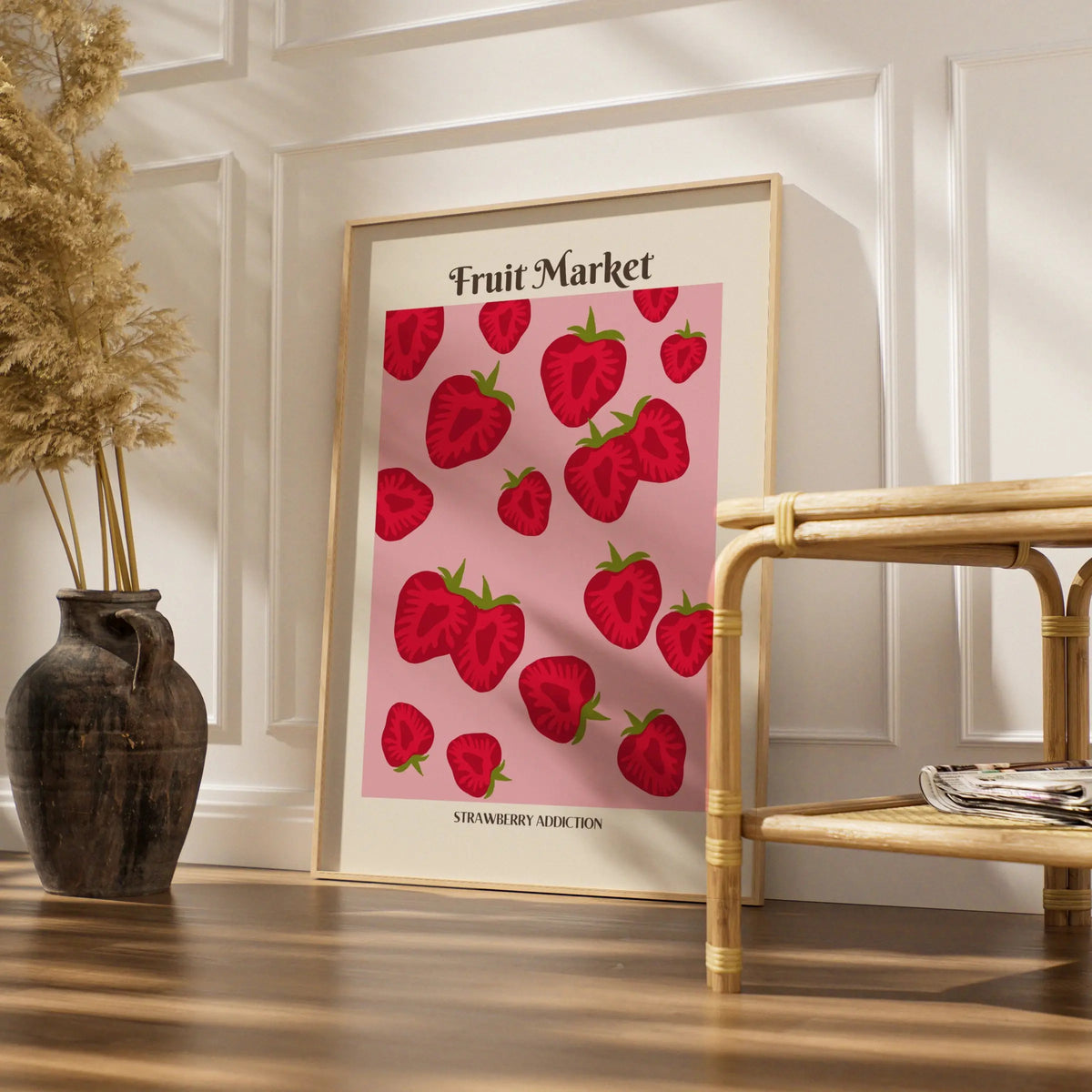Strawberry Kitchen Print, Fruit Market Poster, Pink Red Wall Art, Food Decor