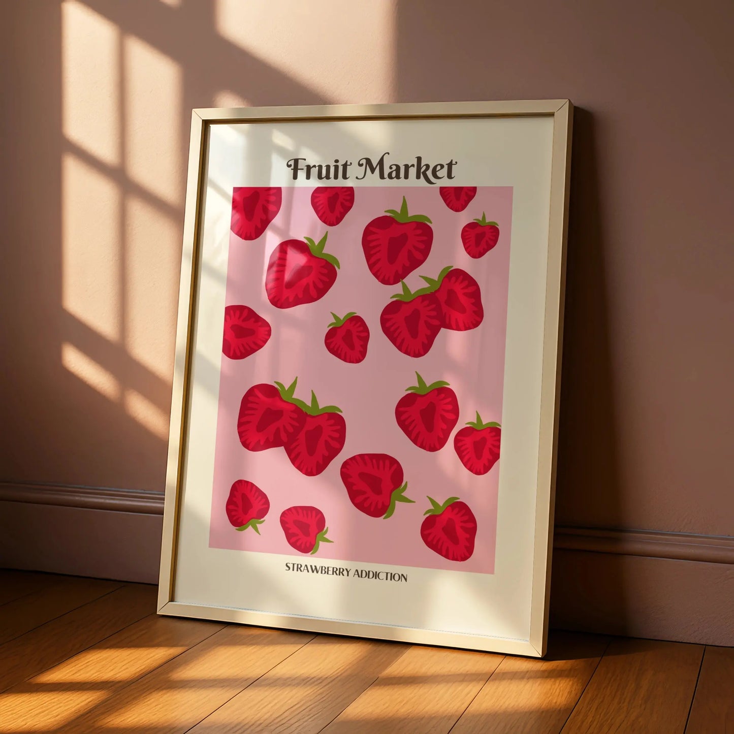 Strawberry Kitchen Print, Fruit Market Poster, Pink Red Wall Art, Food Decor