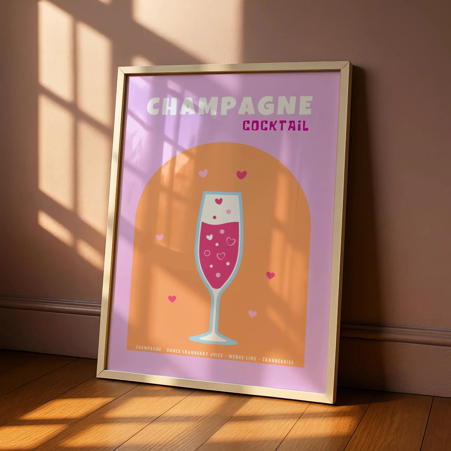 Champagne Cocktail Kitchen Print, Bar Cart Wall Art, Pink Drinks Poster, Retro Recipe