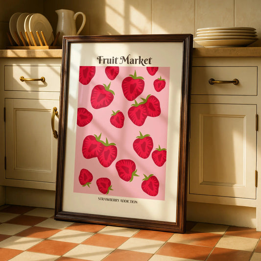 Strawberry Kitchen Print, Fruit Market Poster, Pink Red Wall Art, Food Decor