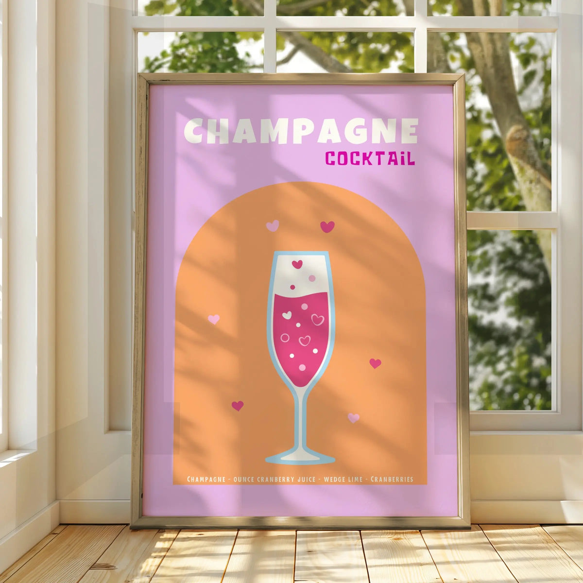 Champagne Cocktail Kitchen Print, Bar Cart Wall Art, Pink Drinks Poster, Retro Recipe