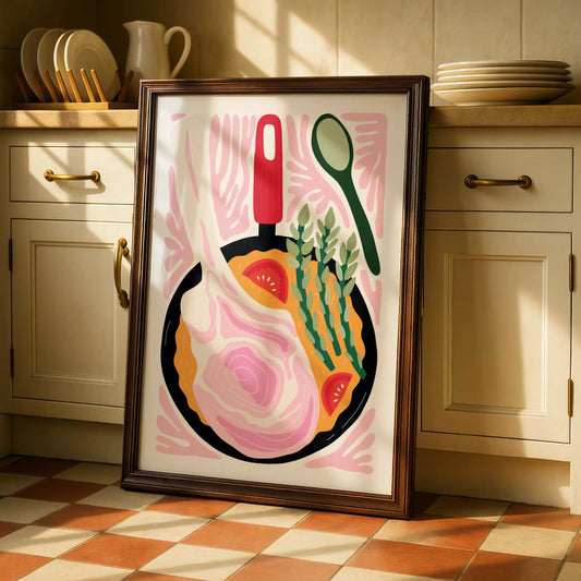 Kitchen Wall Art Print, Colourful Cooking Pan Poster, Food Art, Chef Gift Decor