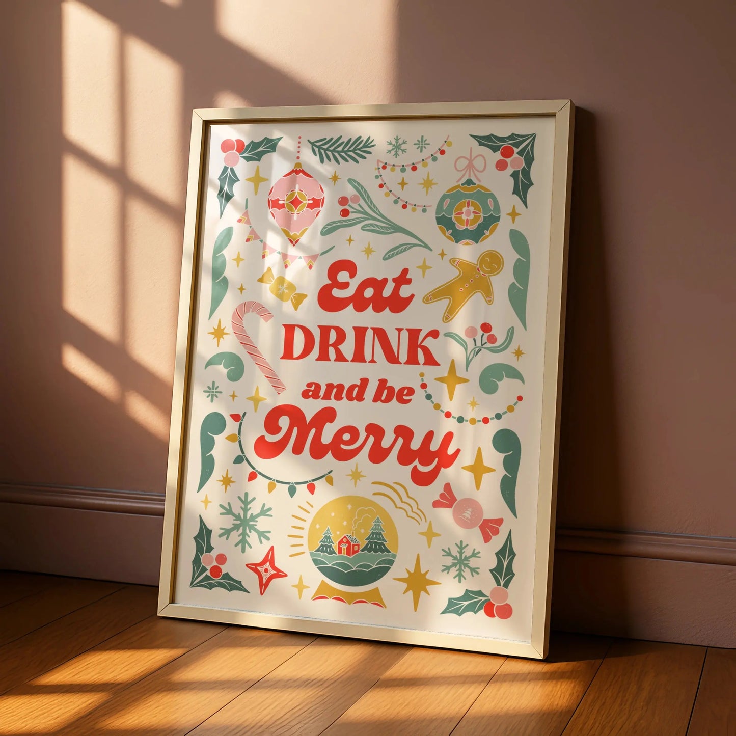 Eat Drink and Be Merry Christmas Kitchen Print, Festive Holiday Wall Art Poster