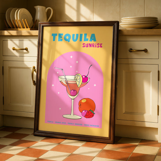 Tequila Sunrise Cocktail Kitchen Art, Retro Bar Cart Poster, Colourful Drinks Wall Print