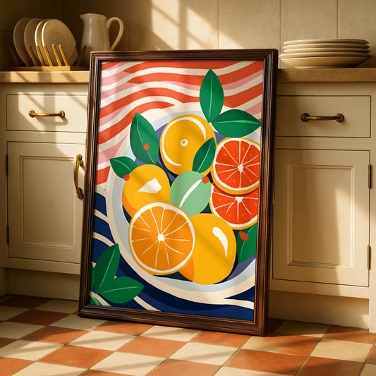 Citrus Fruit Bowl Kitchen Art Print, Orange Poster, Colourful Food Wall Decor