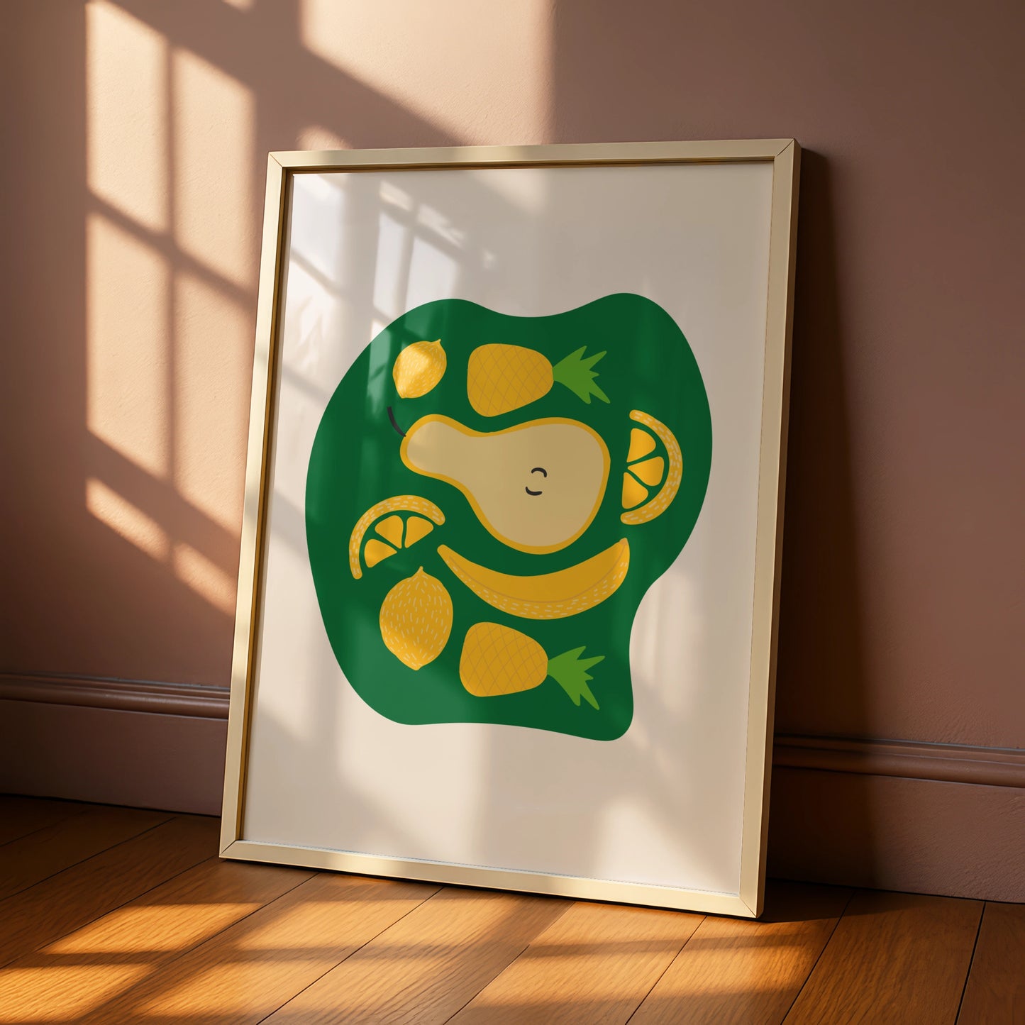 Fruit Kitchen Wall Art, Yellow Green Pear Lemon Banana Pineapple Poster, Fun Kitchen Print