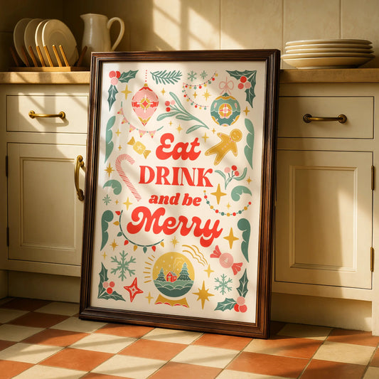 Eat Drink and Be Merry Christmas Kitchen Print, Festive Holiday Wall Art Poster