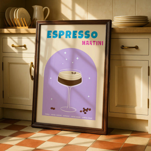 Espresso Martini Kitchen Print, Cocktail Wall Art, Bar Cart Poster, Retro Purple