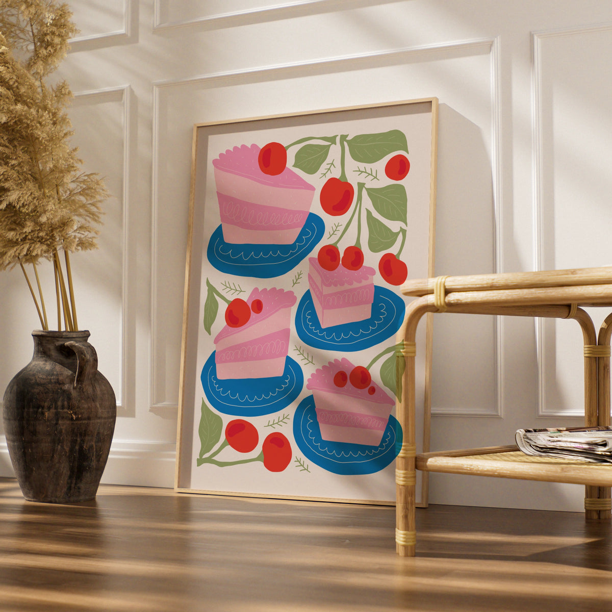 Cherry Cake Kitchen Wall Art, Bakery Poster, Pink Cake Print, Fun Kitchen Decor