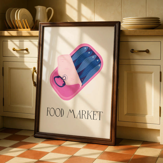 Sardine Tin Kitchen Print, Food Market Poster, Pink Fish Can Wall Art, Quirky Kitchen Decor