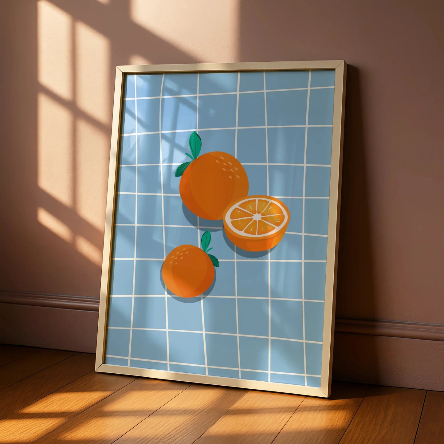 Orange Fruit Kitchen Wall Art, Citrus Poster, Blue Tile Print, Retro Kitchen Decor