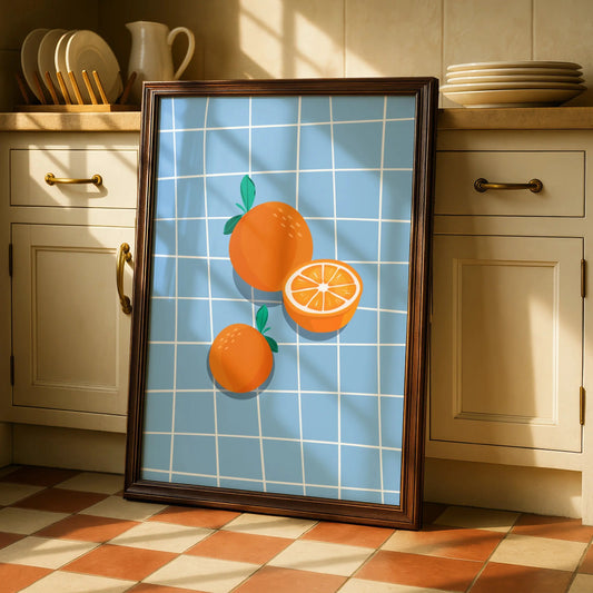 Orange Fruit Kitchen Wall Art, Citrus Poster, Blue Tile Print, Retro Kitchen Decor