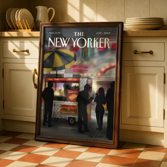 The New Yorker Cover Poster, NYC Street Food Cart Art, New York City Night Print