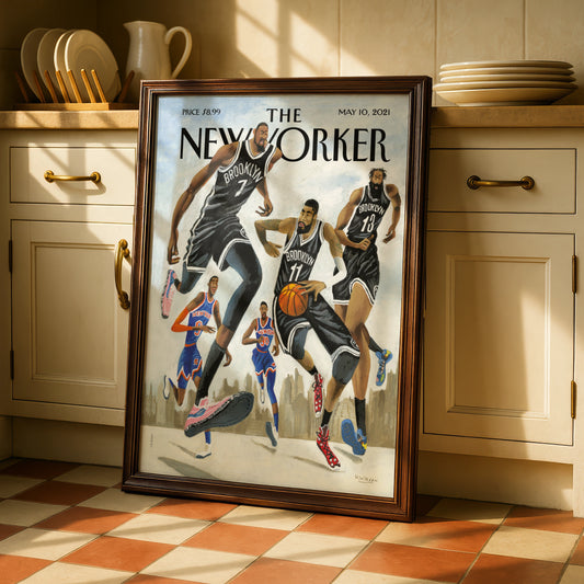 The New Yorker Basketball Poster, Brooklyn Nets vs Knicks, NYC Sports Wall Art