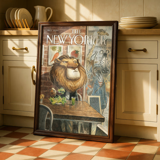 The New Yorker Lion Salad Cover Poster, Funny Animal Wall Art, April 2014 Print