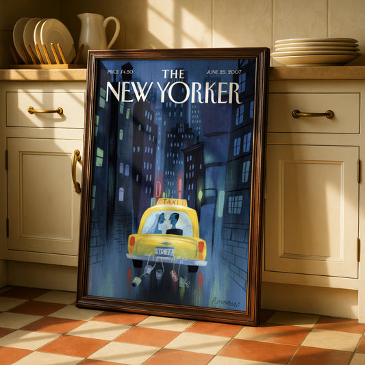 New Yorker Wedding Taxi Poster, NYC Night Skyline Art Print, Romantic City Wall Art