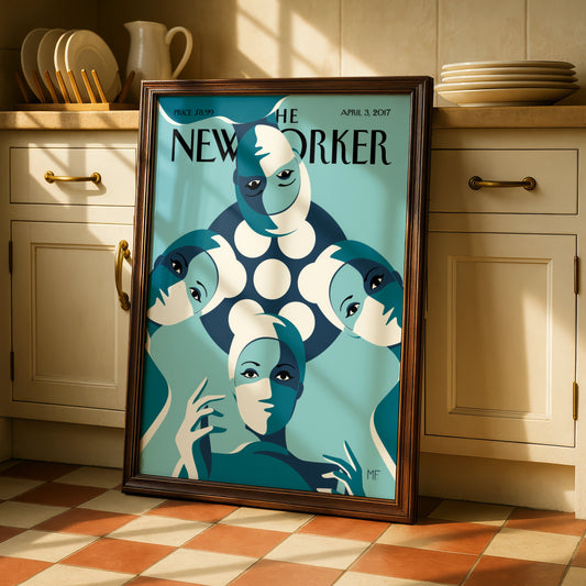 The New Yorker April 2017 Cover Poster, Teal Women Art Deco Wall Art Print