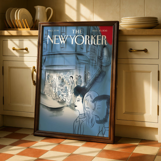 The New Yorker Cover Poster Nov 2015, Paris Cafe Street Scene, Blue Wall Art Print