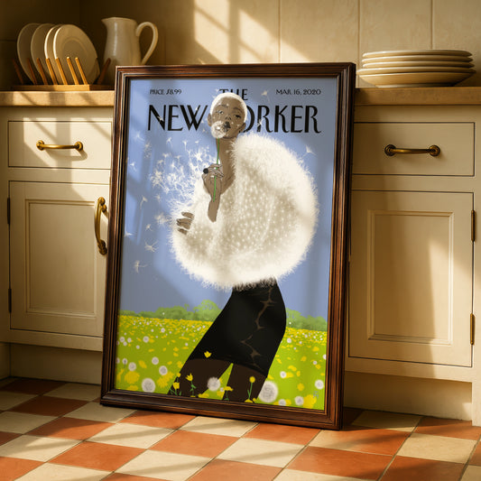 The New Yorker Poster, Dandelion Woman Art Print, Spring Wall Art, Blue Sky Floral