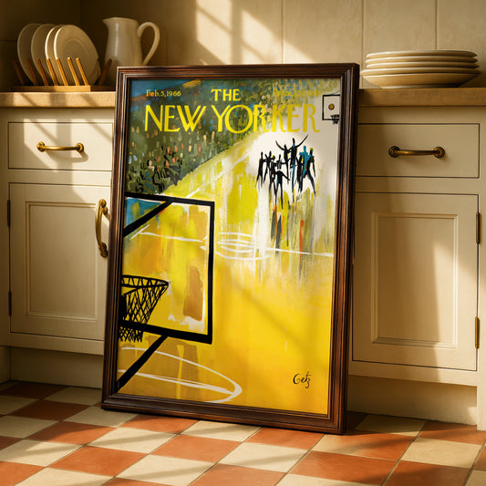 The New Yorker 1966 Basketball Court Cover Art Poster, Vintage Sports Wall Art Print
