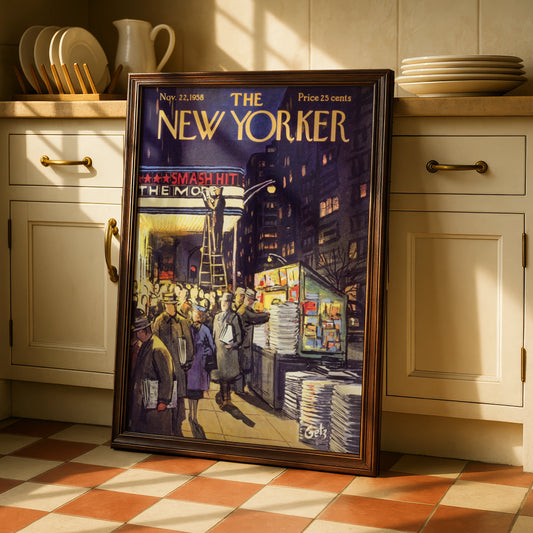 The New Yorker 1958 Cover Art Poster, Broadway Night Scene, Vintage NYC Wall Art