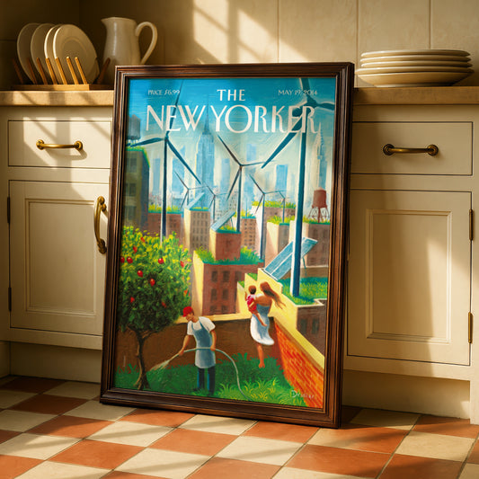 New Yorker Cover Poster, NYC Rooftop Garden Wind Turbines, Green City Wall Art Print