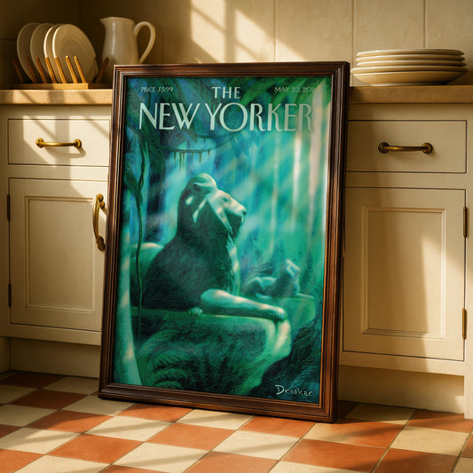 The New Yorker Lion Jungle Poster, Drooker Cover Art Print, Teal Green Wall Art