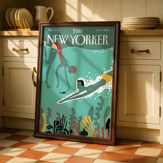 The New Yorker Poster, Underwater Swimming Art Print, Teal Ocean Wall Art