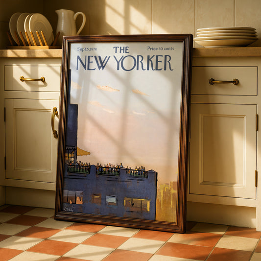 The New Yorker Poster 1970 Rooftop Party NYC Skyline, Vintage Magazine Cover Art Print