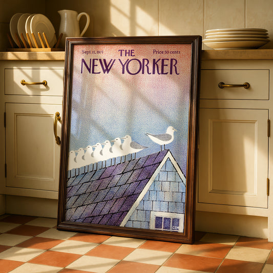 The New Yorker 1971 Seagulls on Rooftop Cover Art Poster, Vintage Magazine Print