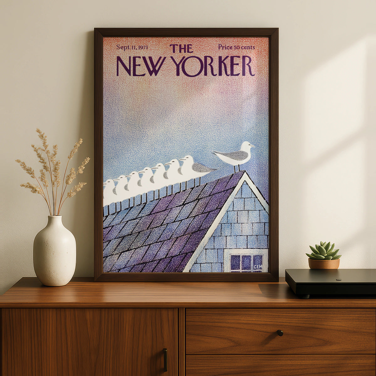 Seagulls on Rooftop Poster, Vintage Editorial Wall Art wall art print