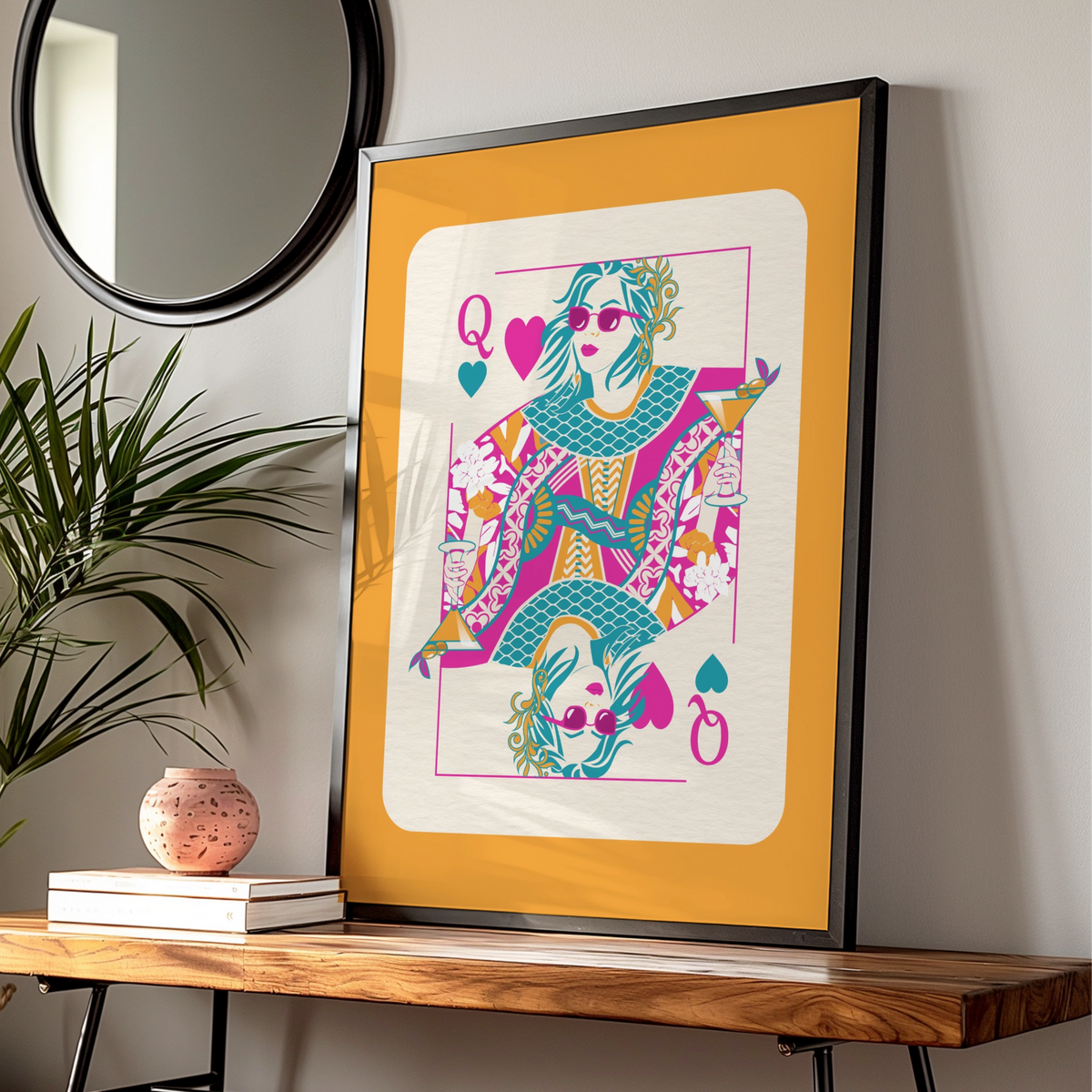 Queen of Hearts Maximalist Poster, Bold Colourful Playing Card Wall Art Print — Digital Download