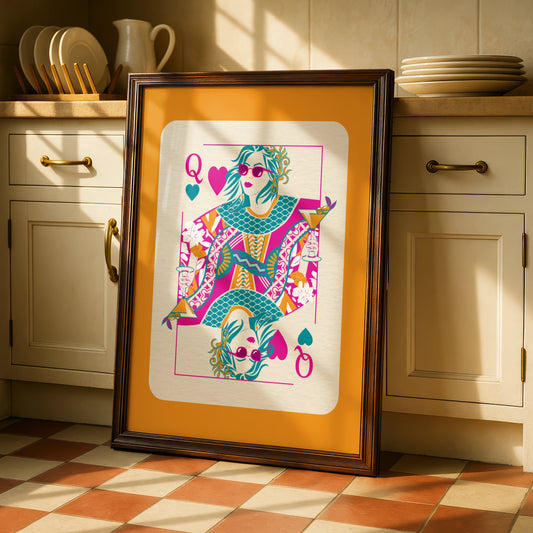 Queen of Hearts Maximalist Poster, Bold Colourful Playing Card Wall Art Print