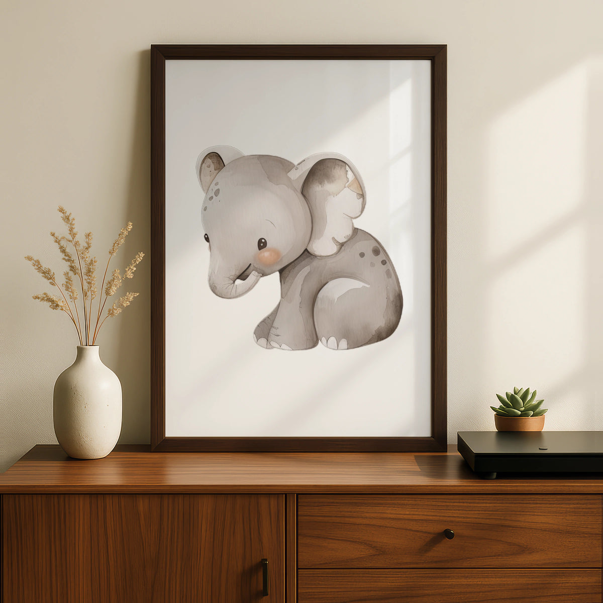 Baby Elephant Nursery Wall Art, Cute Safari Animal Poster, Grey Watercolour Print for Kids Room