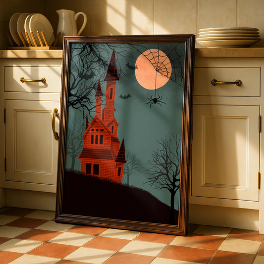 Halloween Haunted Castle Poster, Spooky House Wall Art, Bats Spider Moon Print