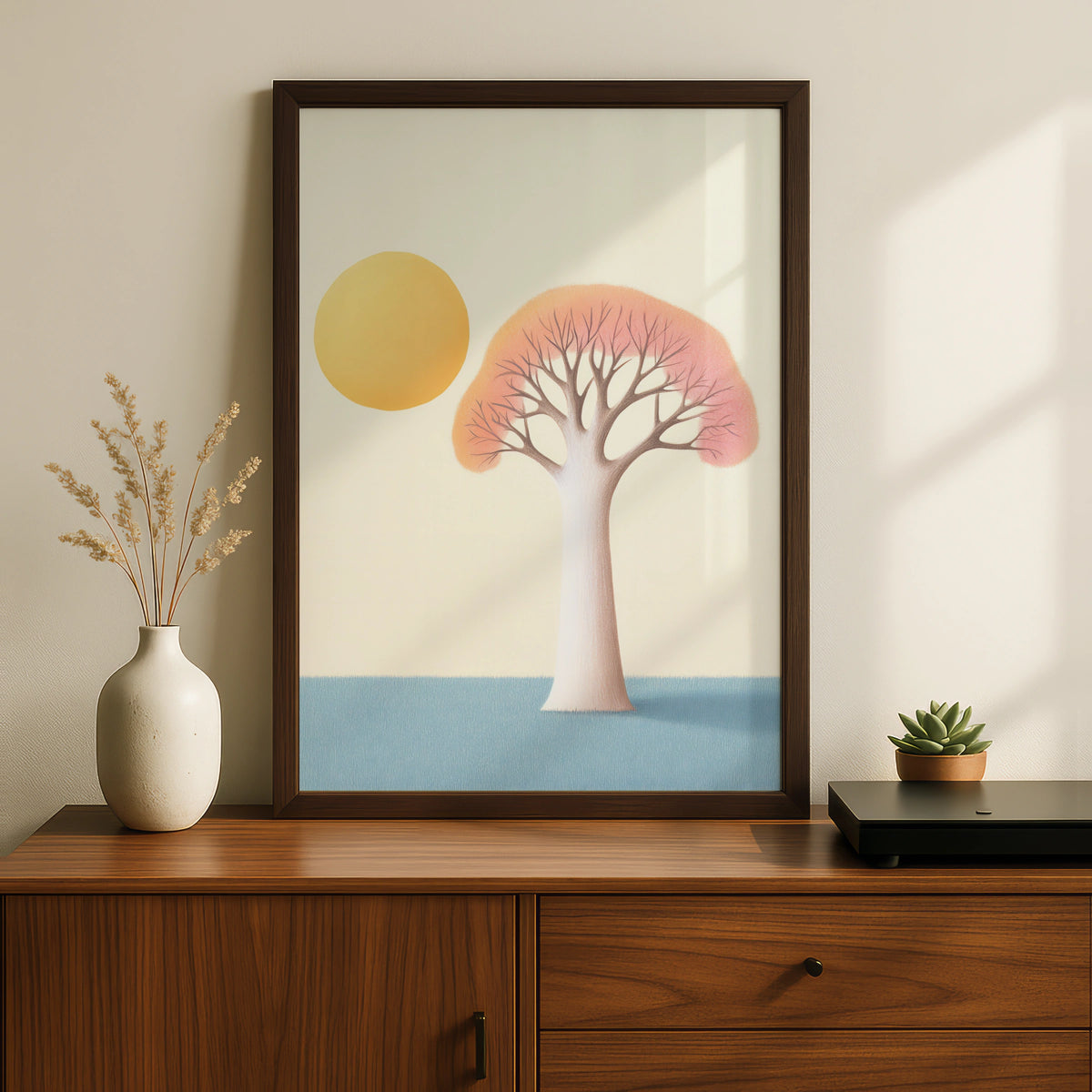Nursery Tree Wall Art Print, Boho Sun Poster, Pastel Baby Room Decor, Minimalist Kids